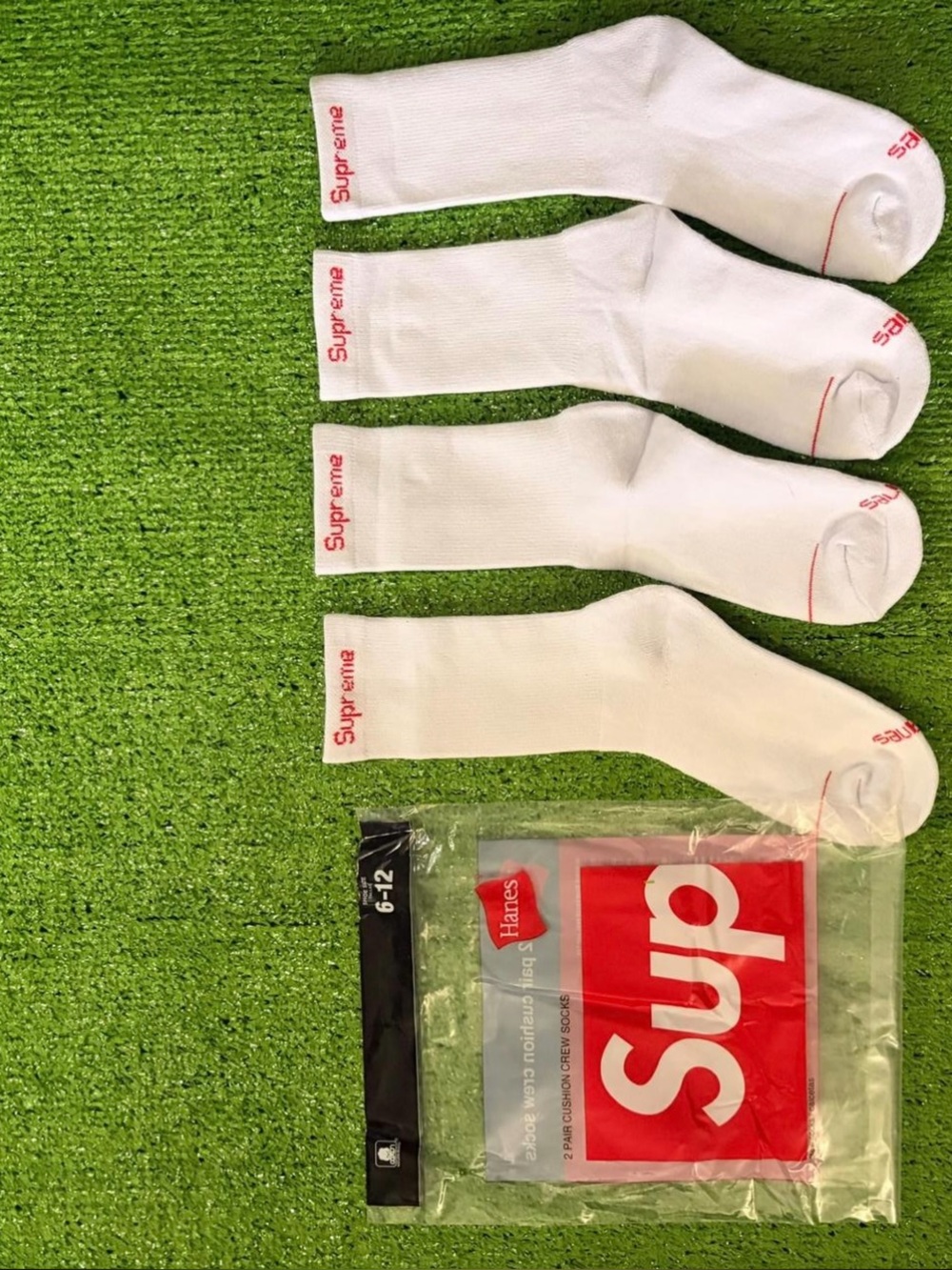 Supreme White Crew Socks with Red Logo